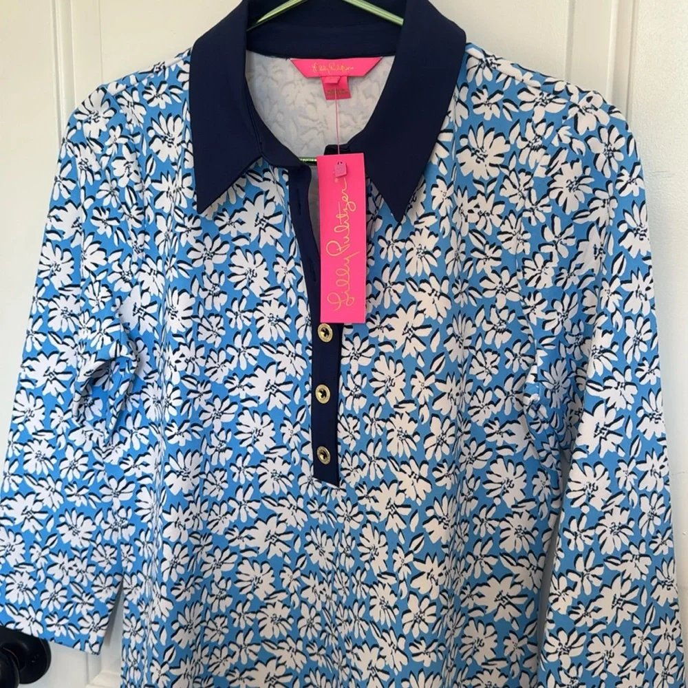 *NEW* LILLY PULITZER AINSLEE 3/4 SLEEVE POLO MINI DRESS BLUE FLORAL PRINT MEDIUM - Picture 4 of 7